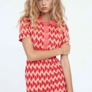 Zara Retro Polo Collar Geometric Pattern Jacquard Knit Dress